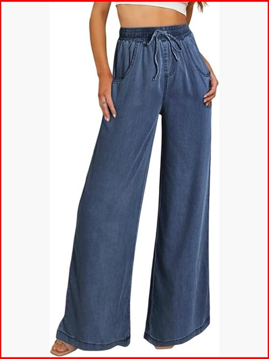 Denim - High Waisted Wide Leg Drawstring Jeans Loose Fit Denim Pants